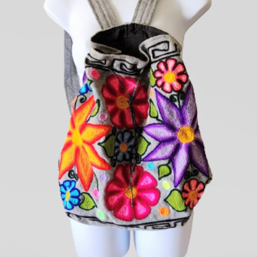 HANDMADE  UNIQUELY EMBROIDERED COLORFUL GRAY W/T BIG FLOWERS 100% WOOL BACKPACK